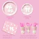 Pink Bow Plates and Napkins, Cups, Cutlery Set Serve 16, 112 Pcs