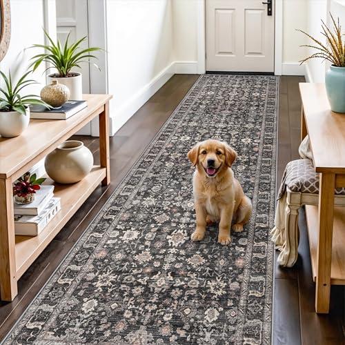 Black 3x12 Washable Runner Rug: 12ft Runners for Hallways Soft Non Slip Kitchen Rugs for Bedroom Bathroom Entryway - Stain Resistant Vintage Floral Carpet (Dark Black Gray, 3X12)
