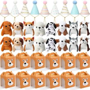 20 Sets Adopt A Puppy Favors for Kids Include Mini Plush Dog Stuffed Puppy Toys, Pet Birthday Hats and Kraft Dog Boxes for Toddler Animal Theme Birthday Party Gifts