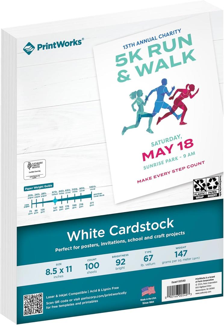 PrintWorks White Cardstock 8.5" x 11" - 67 lb/147 gsm Vellum Bristol - 100 Sheets - Made in the USA - SFI Certified - 92 Bright - Card Stock Printer Paper for School, Craft, & Office Use (00540)