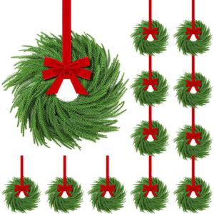 Hotop 12 Set Mini Christmas Wreath for Cabinet Kitchen Windows Decors Bulk with Red Bow Small Artificial Norfolk Farmhouse Wreaths with Berry Pine Cone for Fireplace Front Door Porch Wall Hanging