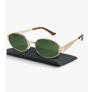 livho Retro Polarized Sunglasses - UV400 Protection, Oval Shape, Metal Frames - Matching Soft Case Inlcuded