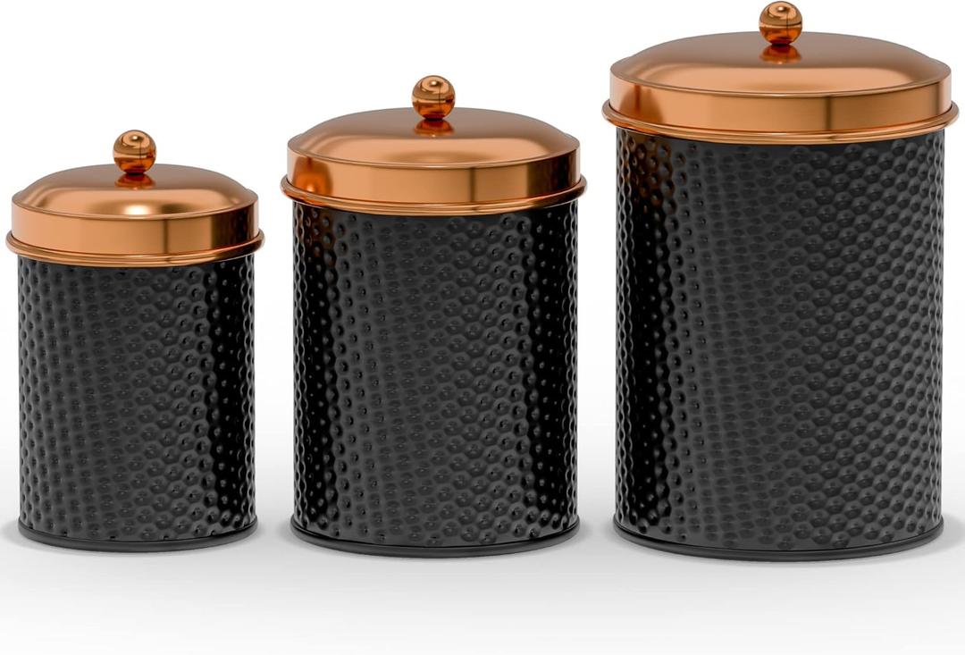 Amici Home Ashby Canister Set for Kitchen Counter | Food Storage Containers with Lids | Kitchen Canisters with Vintage Design | Black/Copper Canister Set of 3 (Small 24 Oz, Medium 38 Oz, Large 70 Oz)