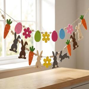 2Pcs Easter Decorations for Home, Party Hanging Spring Garland Decor, Colorful Felt Bunny and Carrot Wood Bead Banner for Mantel Fireplace Wall(Easter 2)
