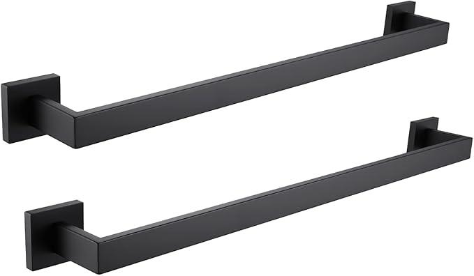 2 Pack Bath Towel Bars Matte Black 24-Inch Bathroom Towel Rail Square Towel Racks Kitchen Towel Holders Stainless Steel Towel Rods Wall Mount Towel Hanger
