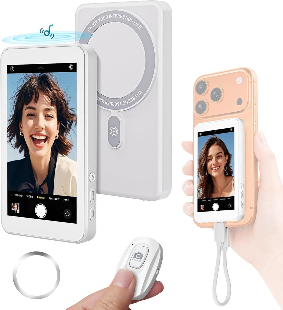 Vlog Selfie Monitor Screen for iPhone 17 Series & Android,Built-in Speaker,Wireless & Wired Magnetic 4K/1080P Phone Back Camera Monitor with Remote Control for Live Stream TikTok (White)