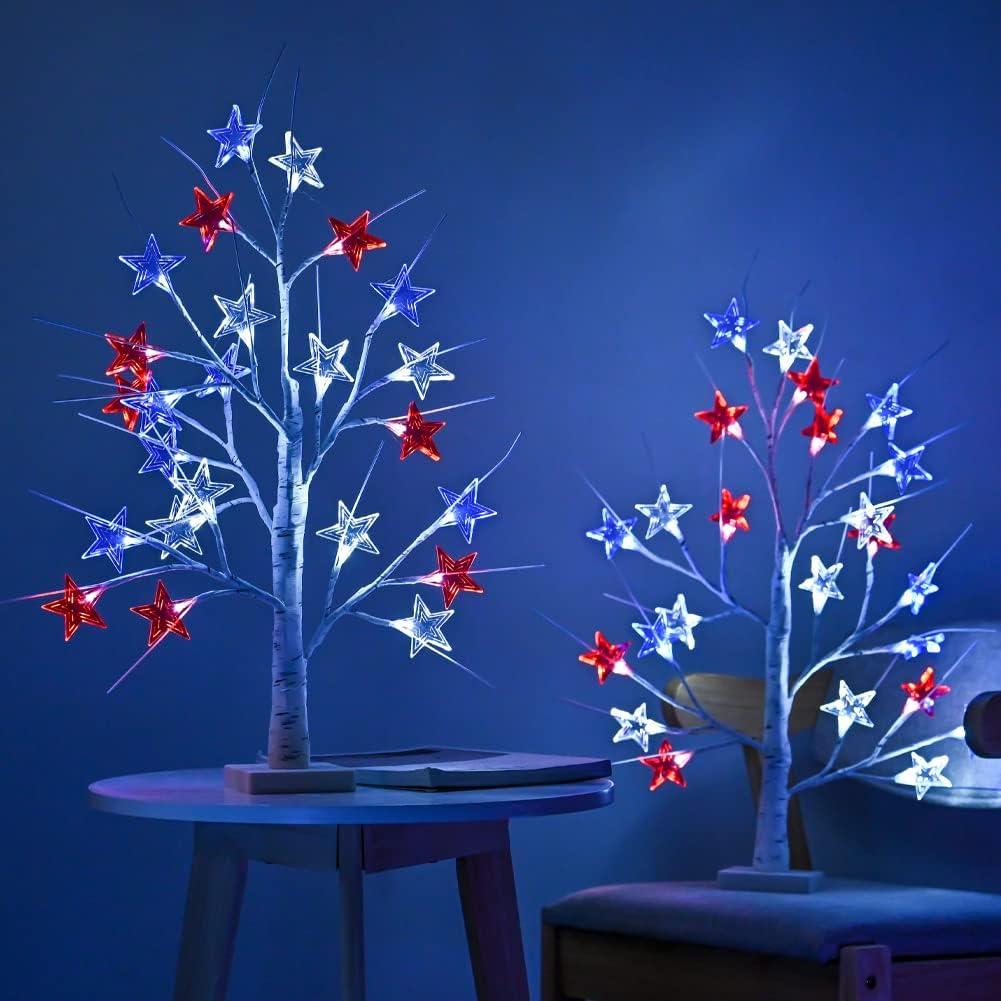4th of July Decorations, Birch Table lamp Flag Star Tree Lights, 24Independence Day Table lamp for Home, Bedroom Room Office Decoration, 2 Pack, 24 inch