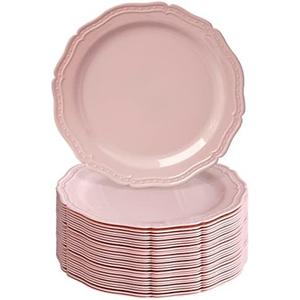 Vintage Embossed Plastic Dinner Plates for Party (20 PC) Heavy Duty Disposable Dinner Set 10.25", Fine China Look Dishes, Perfect for Baby Showers, Weddings etc. - Blush - CountrySide Collection