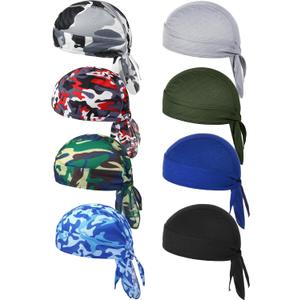 Foaincore 8 Pack Do Rag Skull Caps for Men Sweat Wicking Doo Rags Cooling Helmet Liner Cycling Motorcycle Bandana (Army Green)