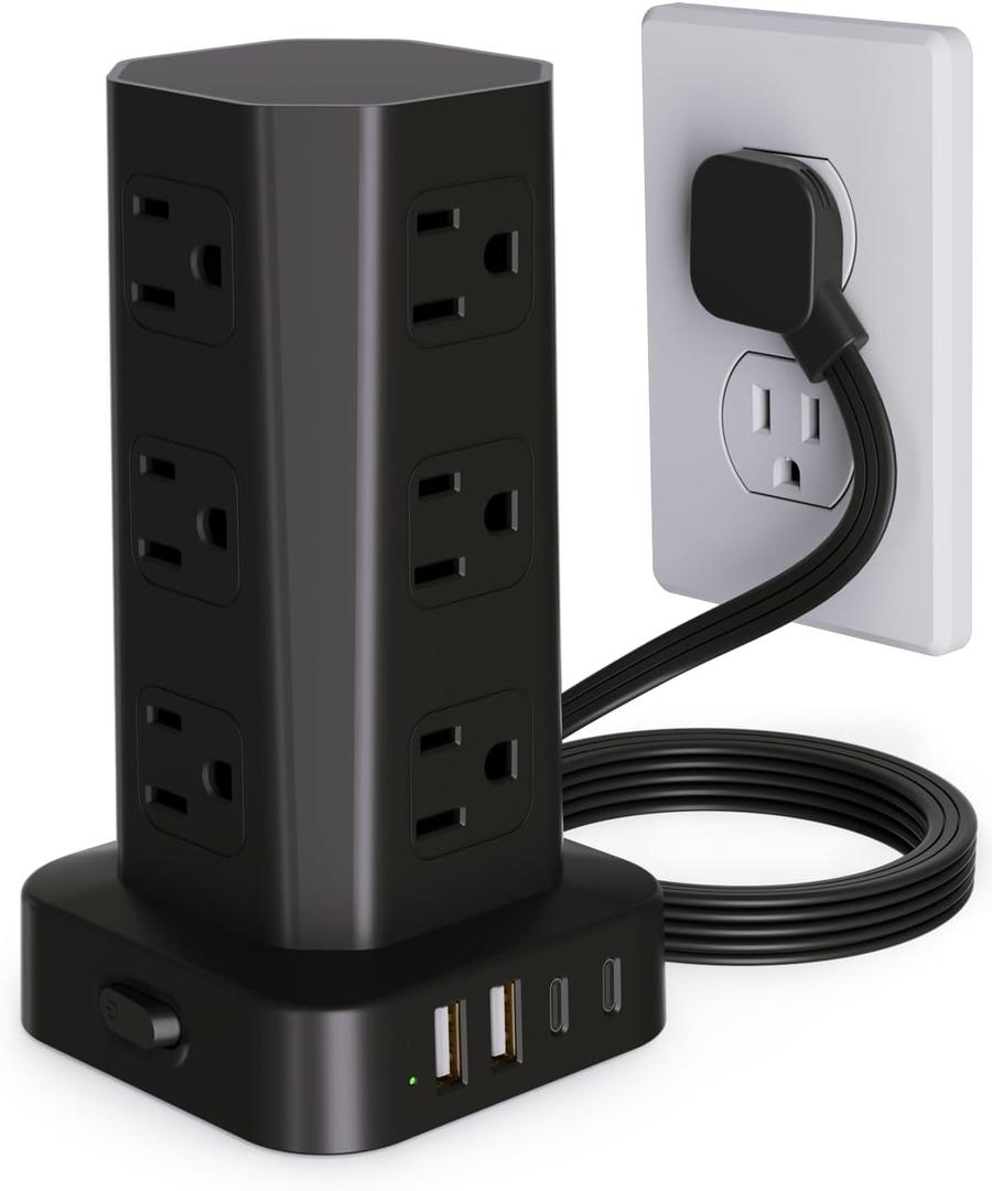 Power Strip Tower Surge Protector, 6FT Flat Plug Extension Cord with Multiple Outlets, 12 AC Outlets 4 USB (2 USB C), Desktop Charging Station with Surge Protection for Home Office Dorm Room, Black