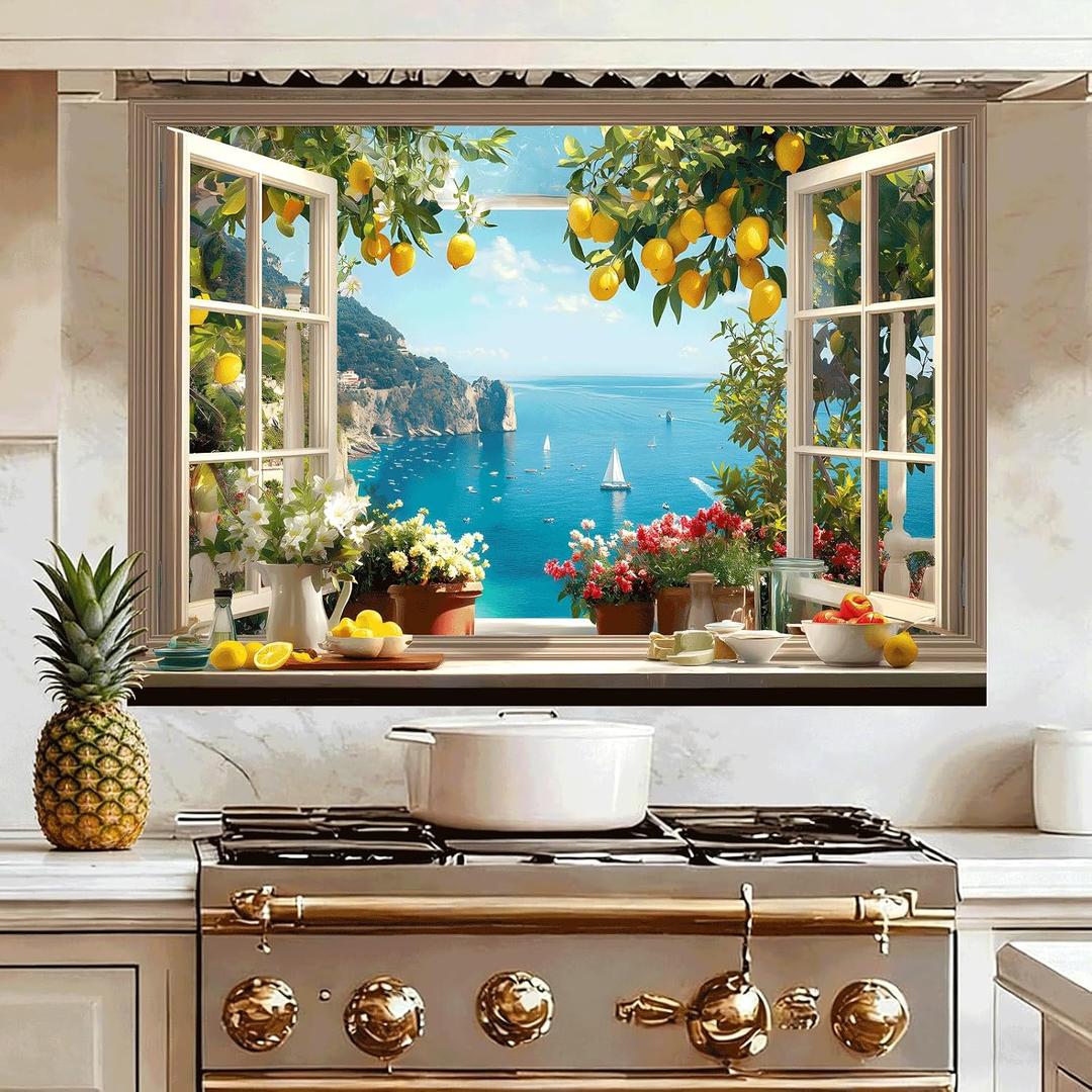 Mediterranean Kitchen Wall Decal, Lemon Window View Wall Sticker with Coastal Sea and Sailboat Scene, Faux Window Kitchen Wall Decor for Dining Room or Coffee Bar, 35.5 x 23.6 Inches (Blue/Yellow)