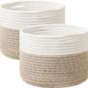 UBBCARE 2 Pack Small Basket for Organizing, Round Woven Basket With Handles, Small Storage Basket for decor, Beige & Brown Cotton Rope Basket (9.5" x 9.5" x 7.1")