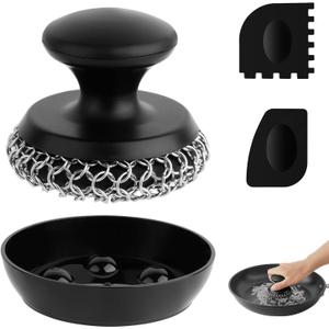 Cast Iron Scrubber Cleaner, Chainmail Scrubber for Cast Iron Pan Skillet, Dish Scouring Pad, 316 Stainless Steel Brush/Scraper for Metal Skillet Scrubbing, Wok, Dutch Oven Cleaning Kit - Thick Mesh