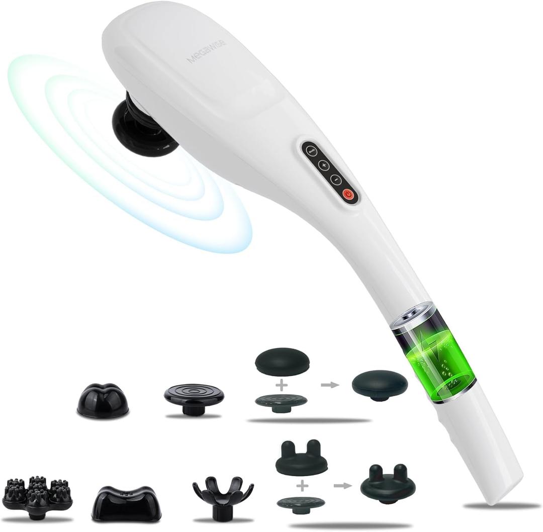 MEGAWISE Cordless Back Massager for Shoulders, Waist, Legs, Rechargeable 3200mAh Battery, 5 Speed and 5 +2 Massage Nodes 5 Hard, 2 Silicone Nodes, Massage While Moving Around (Off White Cordless)