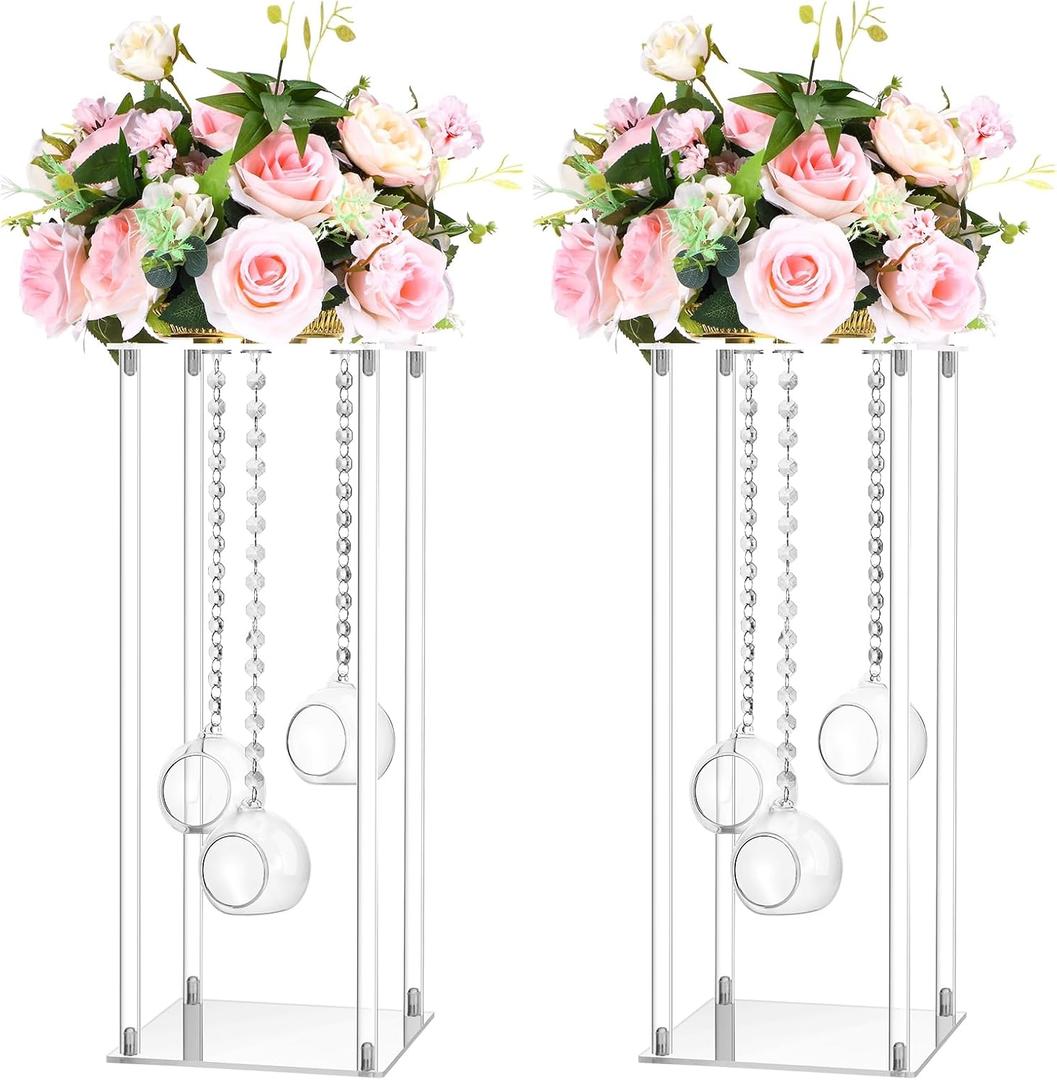 Yerliker 2 Sets 20'' Tall Acrylic Flower Vase Wedding Centerpieces Flowers Stand with Hanging Glass Tealight Globe Candle Holders, Crystal Garland Strands and Self Adhesive Hook (Cuboid)