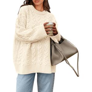 Okiwam Women's Oversized Sweaters Crewneck Cable Knit Pullover Casual Loose Fall Outfits Fashion Clothes 2025 (Medium, Beige White)