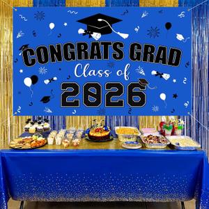 6 Pcs 2026 Graduation Blue Gold Decorations Set, Include 3 Graduation Tablecloths 1 Class of 2026 Banner 2 Foil Fringe Curtain Backdrops for College High Middle School Senior 2026 Party Supplies