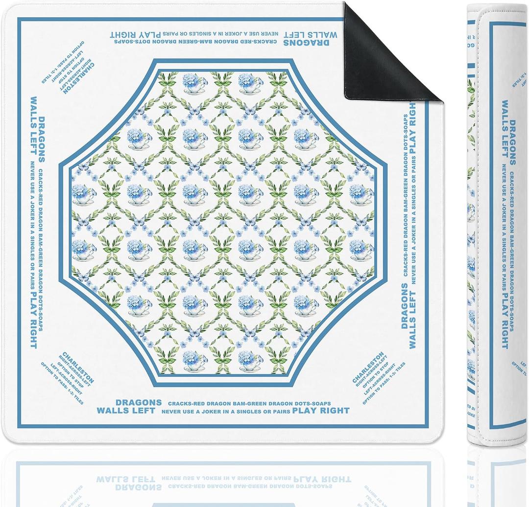 Blue and Green Floral Mahjong Mat 31.5"x31.5", Grandmillennial Hydrangea Flower Non-Slip Mahjong Mat Accessories for Dominoes Poker Card Board and Tile Games Gifts