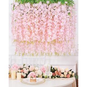 Waipfaru 12 Pack Hanging Wisteria Flowers, 3.6 Feet Light Pink Artificial Flowers, Fake Wisteria Vines for Bedroom Wedding Home Party Wall Decoration