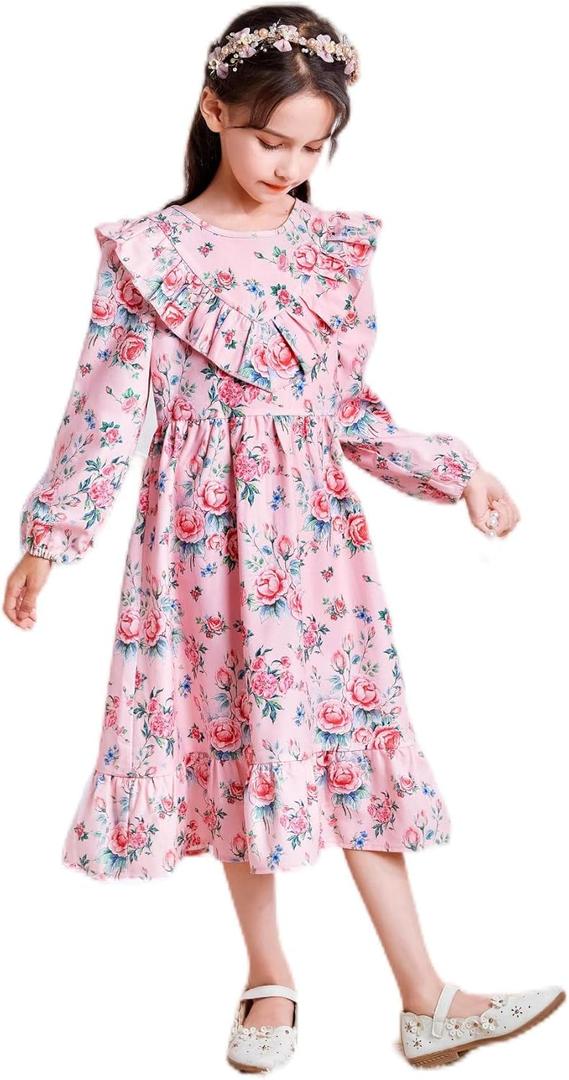 Girls Summer Hawaiian Dress Floral Halter Neck Cold Shoulder Sleeveless Beach Sundress 1-12 Years (Pink)