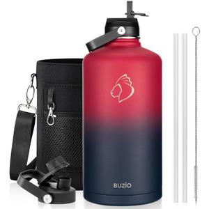 128oz Insulated Water Bottle, BUZIO Gallon Water Jug with Straw Lid and Carrying Sleeve (Cold for 48 Hrs) Stainless Steel Hydro Metal Canteen Water Flask, Ruby Red Navy