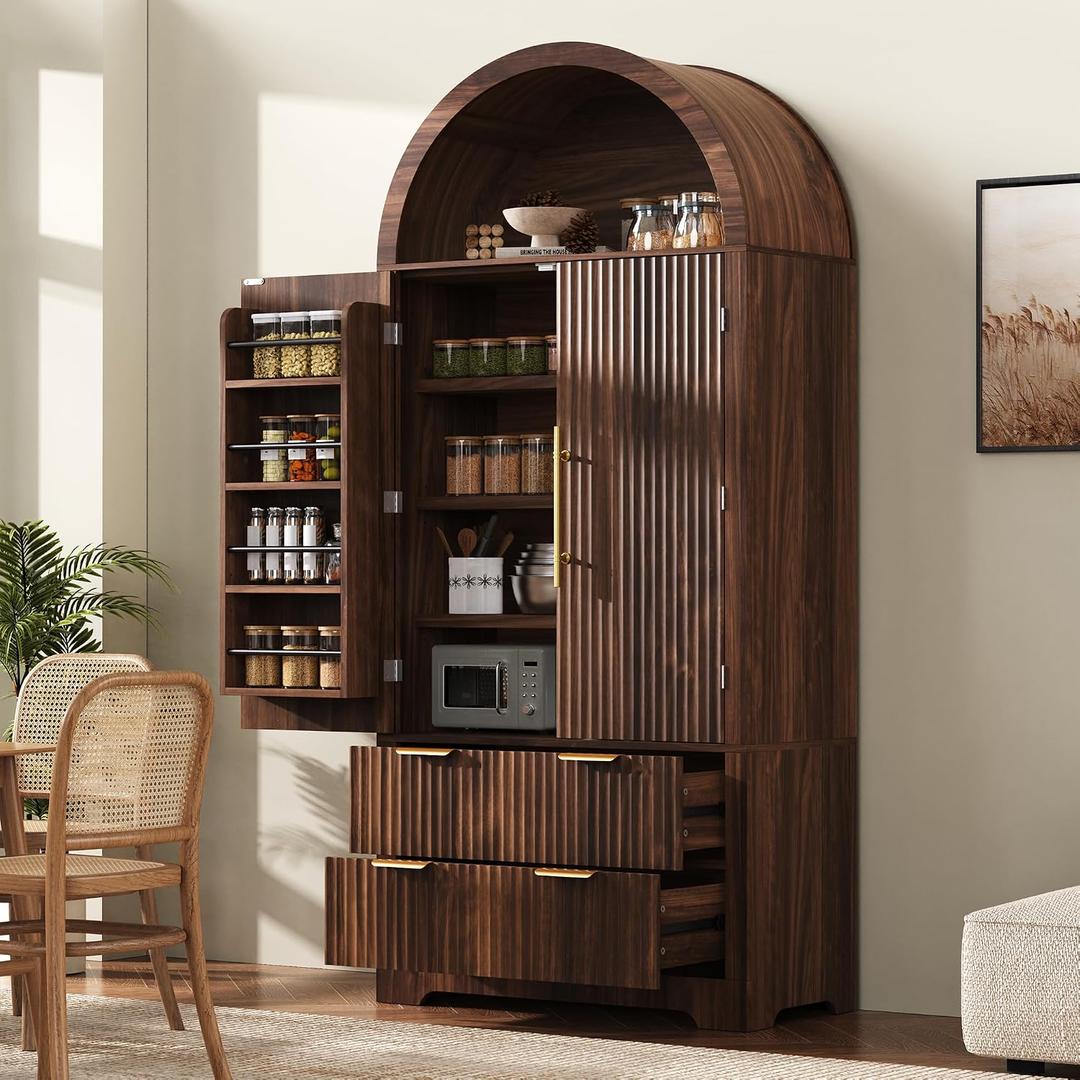 Merax 72" Tall Arched Kitchen Pantry Cabinet with 2 Drawers, Mid Century Modern Fluted Storage Cabinet with 3 Adjustable Shelves & 8 Door Shelves, Wooden Cupboard Organizer for Kitchens (Walnut)