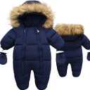 Baby Snowsuit Toddler Winter Unisex Romper Infant Girls Boys Solid Hooded Jumpsuit with Gloves Footie Down Coat Jacket 18-24M
