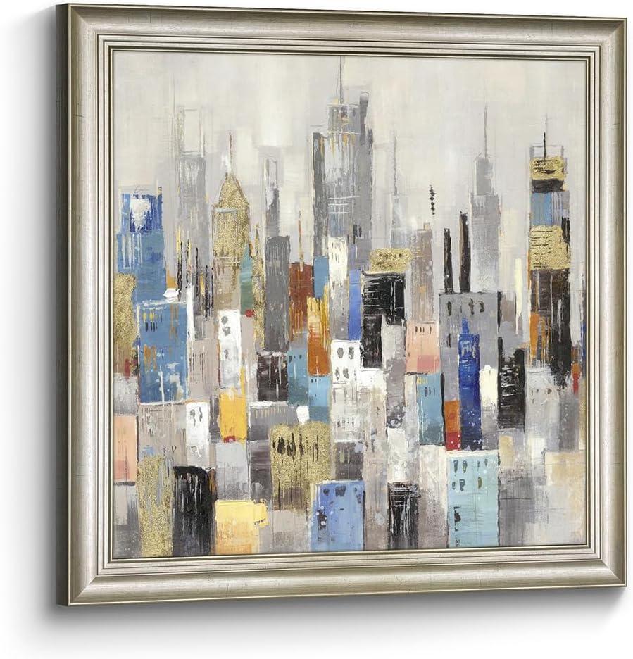 Abstract Cityscape Canvas Wall Art: Large Framed New York City Painting Modern Office Home Hand Painted NYC Building Print Artwork Decor Manhattan Downtown Picture for Living Room Bedroom, 30"L x 30"W
