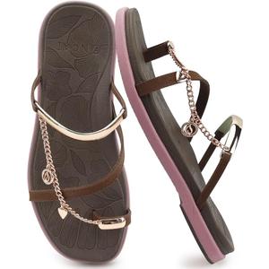 ONCAI Women's Flat Sandals Toe-loop Strappy Square Open Toe Slip on Fashion Dressy Slide Sandal for Woman 2026 Brown/Pink Size 9 Summer Beach Casual Comfort Lightweight Outdoor Sole Slides Shoes
