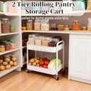 2 Tier Metal Rolling Cart with Wheels for Under Desk Storage & Pantry Storage, High Load-Bearing Kitchen Utility Cart for Small Space, Laundry Room Organization Side Table with 4 Hooks, White