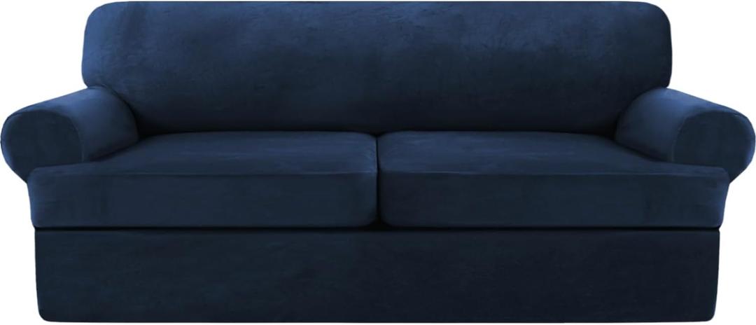 Stretch T Cushion Sofa Slipcover 3 Pieces Sofa Covers Thick Velvet Couch Cover Stretch Sofa Slip Covers Furniture Protector with 2 Individual T Cushion Washable (Navy, Loveseat-XL)