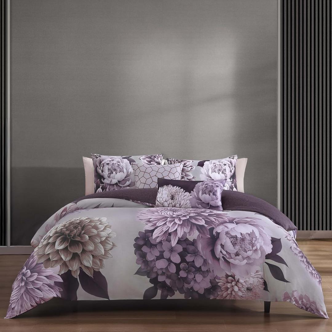 Bebejan Plum Petal 5 Piece Comforter Set, 100% Cotton Sateen, 220 Thread Count, Purple Floral Reversible Bedding Comforter Set, 1 Comforter, 2 Shams & 2 Pillows (King/Cal King)
