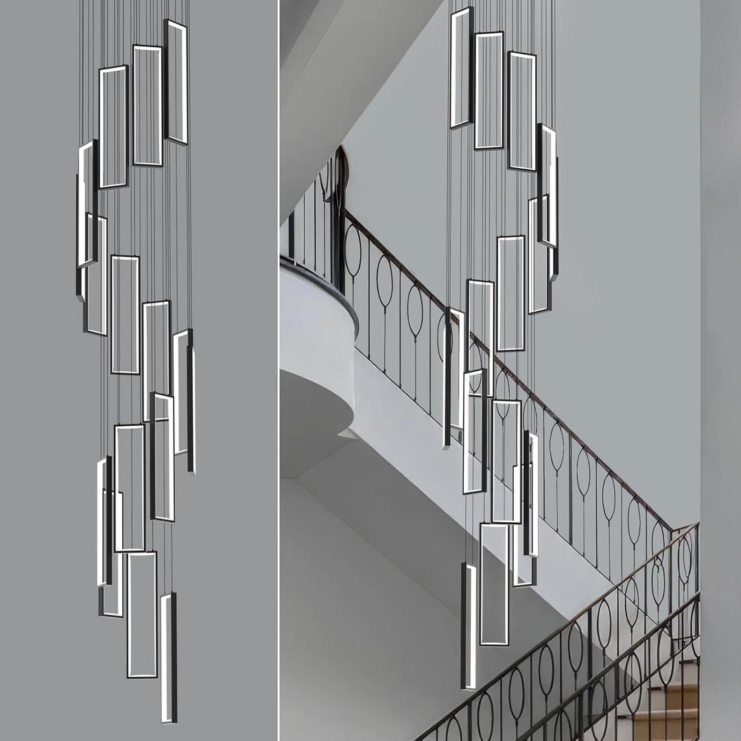 Modern Adjustable Height Pendant Light Fixture Black 288W LED Pendant Lights 16 Rings Rectangular Chandelier Staircase Large Chandelier Lobby Living Room Foyer High Ceiling Chandeliers