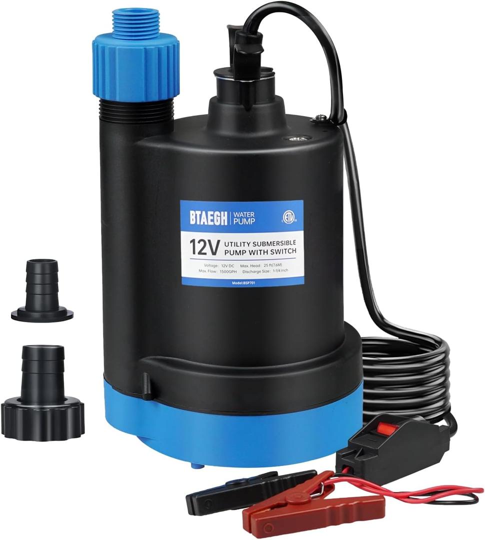 12V Submersible Water Pump 1500GPH Small Sump Pump Thermoplastic Portable Transfer Utility Pump Clean for Swimming Pool Basement Garden Pond