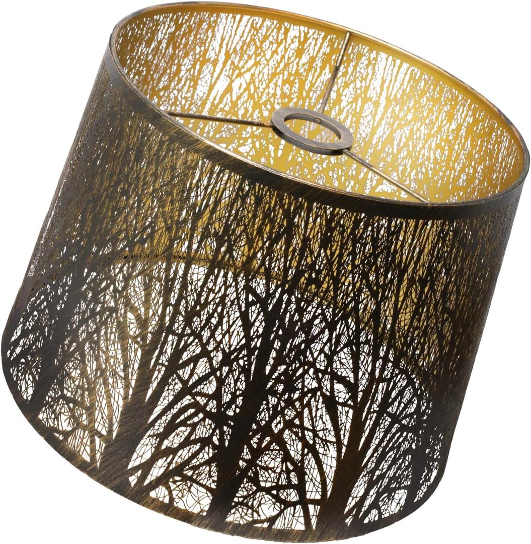 Lampshade Large Drum Lamp Shade 12" Top x 14" Bottom x 10" High (UNO Fitter) Metal Lamp Shades Antique Bronze and Gold Lampshades Replacement for Table Lamps and Floor Lamp Art Etched