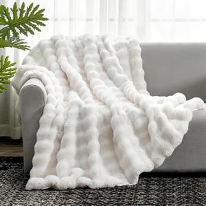 Cozy Bliss Faux Fur Throw Blanket for Couch, Fuzzy Soft Plush Thick Bubble Blanket for Sofa Bedroom Living Room, 60 * 80 Inches Cream White