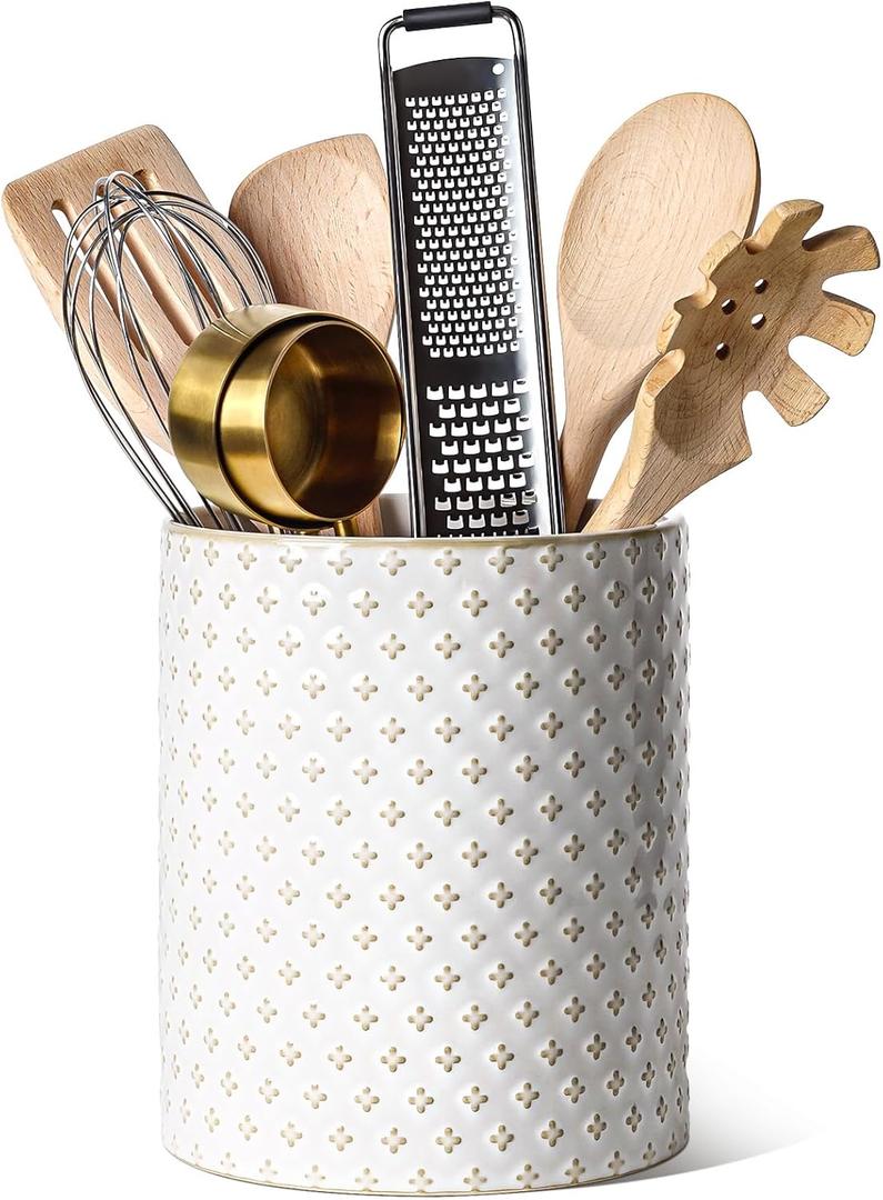 LE TAUCI Utensil Holder, 7.1" Large Ceramic Kitchen Utensil Holder for Countertop - Embossed Cooking Utensil Crock for Spatula & Spoon, Farmhouse Countertop Organizer, Arctic White, Clover Design