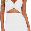 OWIN Women Cut Out Twist Front Bodycon Sleeveless Spaghetti Strap Club Party Mini Dresses (White, M)