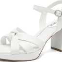 Women's Platform Heels Chunky Heeled Sandals, Ankle Strappy Round Open Toe Dressy Shoes Wedding Party High Pump Heels for Women. (9.5, White 086)