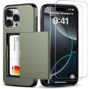 for iPhone 16 Pro Wallet Case with Card Holder + 2 Tempered Glass Screen Protector Protective Shockproof Hidden Card Slot Slim Case Women Men iPhone 16 Pro 6.3 2024 (Deep Green)
