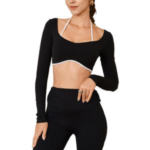 Women's Workout Crop Tops Halter Long Sleeve Backless Padded Sports Bra Gym Yoga Top T Shirts (Small, Black)
