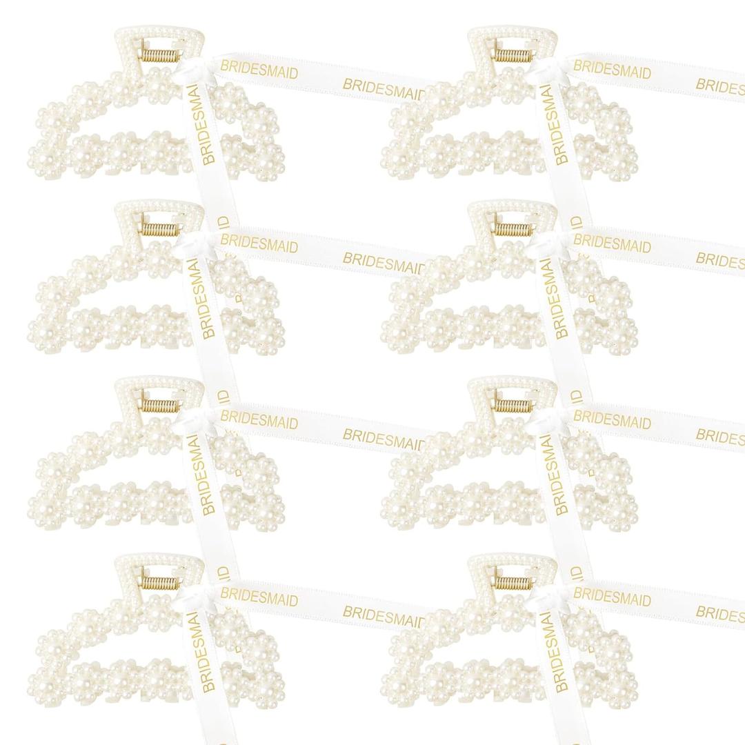 DEEKA Bridesmaid Proposal Gifts 8 Pack Pearl Bridesmaid Hair Claw Clips with Ribbon 3 Inch Hair Clips Bachelorette Party Favors Bridal Party Present Hair Accessories (Half Circle)