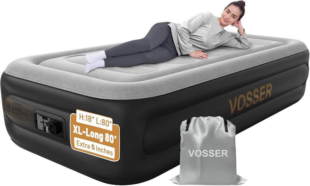 VOSSER Twin Air Mattress with Built in Pump,18''Inflatable Mattress 2 Mins Self-Inflation/Deflation,XL-Long Blow up Mattress Thicker,Flocked Top Air Bed with Storage Bag for Home, Camping & Guests, Comfort Heigh