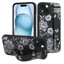 MOWIME for iPhone 15 Plus Case with Wrist Strap, Cute Flower Rose Butterfly Design for Women Girls Soft TPU Slim Protective Case Anti-Scratch Shockproof Cover with Adjustable Holder - Black