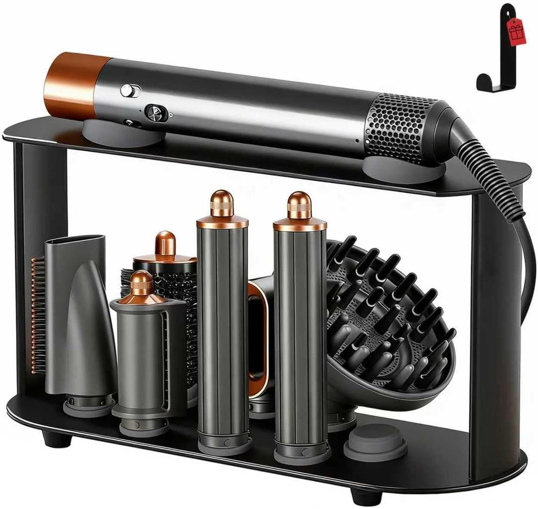 Lasvea Holder for Dyson Airwrap Attachments| 8 Holes Metal Storage Rack with Protective Silicone Pad | Countertop Organizer for Dyson Diffuser Accessories & Curling Iron with Self-Adhesive Hook, Black