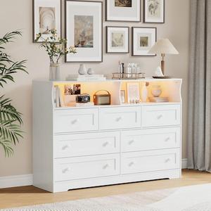 Garvee Dresser for Bedroom with Charging Station and LED Lights 7 Drawer Wooden LED Dresser with 2 Open Storage Cubbies Wide Chest of Drawer for Living Room Closet Kids Room White