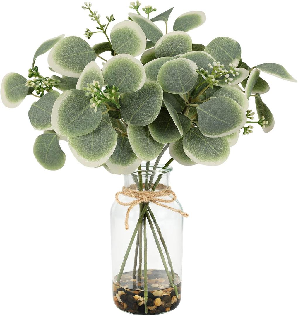 MACTING Artificial Eucalyptus Stems in Glass Vase with Faux Water Stones 14" Artificial Plants Indoor Eucalyptus Leaves for Table Centerpieces Bathroom Kitchen Home Spring Decorations(Gradient Green)
