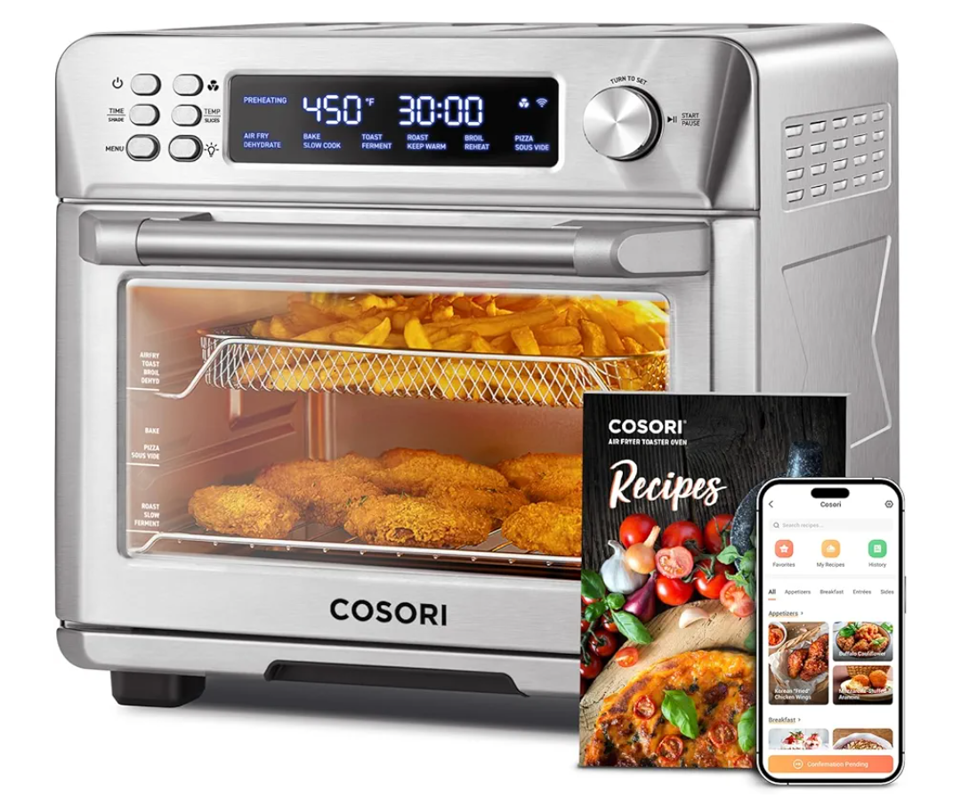 COSORI Smart 12-in-1 Air Fryer Toaster Oven Combo, Airfryer Convection Oven Countertop, Bake, Roast, Reheat, Broiler, Dehydrate, 75 Recipes & 3 Accessories, 26QT, Silver-Stainless Steel