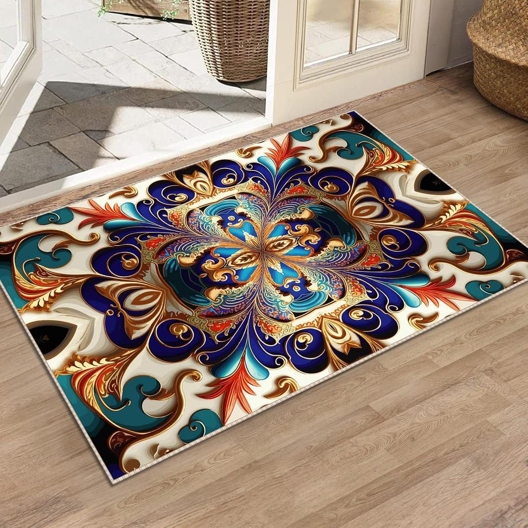 Washable Entrance Door Mat, Non-Slip Vintage Hallway Rug Runner with Upgrade Rubber Backing, Stain Resistant Faux Wool Distressed Carpet Runner for Bedroom, Kitchen, Laundry, Entrance (35.4" x 23.6") (1'11" x 2'11" (Rectangular), Rust/Dull Teal)