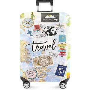 ANNA QUEEN Travel Collage Luggage Cover, World Map & Sticker Style Suitcase Protector for 28-30 Inch Travel Bags